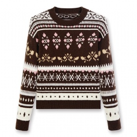 Womens Pure Wool Pullover – Vintage Brown Fair Isle Crew Neck