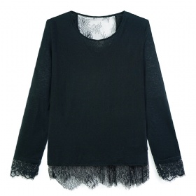 Round neck back hollow lace wool sweater