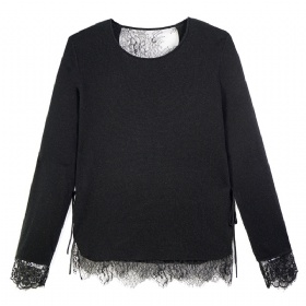 Back hollowed out round neck long sleeved wool sweater