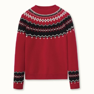 Womens Pure Wool Crew Neck Pullover – Angora Red, Fair Isle Style