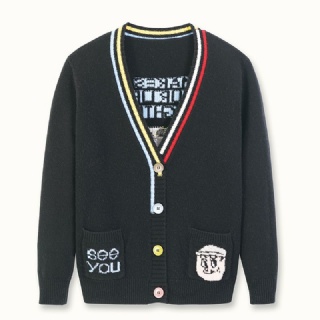 Womens Pure Wool Black Cardigan – V-Neck, Playful Motifs, Sweet-Cool Style
