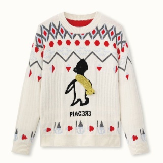 Womens Pure Wool White Sweater – Fair Isle Pattern, Handcrafted Penguin Motif