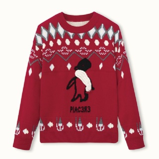 Womens Pure Wool Sweater – Angora Red, Fair Isle Pattern, Handcrafted Penguin Motif
