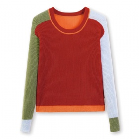 Womens Pure Cashmere Contrast Color Round Neck Pullover - Youthful Rhythm·Four Color Double-sided Design