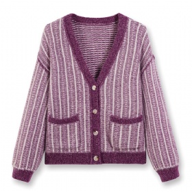 V-Neck Cardigan with Mother-of-Pearl Buttons – Grape Striped Mélange · The Velvet Inheritance