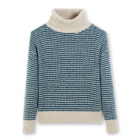 Ribbed Turtleneck Knit Top – Lake Blue Mélange with Beige Rib · The Velvet Inheritance