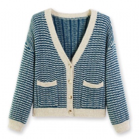 V-Neck Cardigan with Wave Pattern – Lake Blue Mélange · The Velvet Inheritance