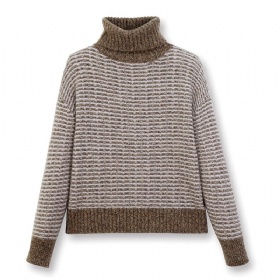 Ribbed Turtleneck Knit Top – Mocha Mélange with Beige Rib · The Velvet Inheritance