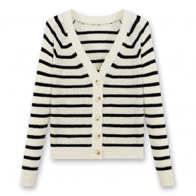 Fine Stripe V-Neck Cardigan – White Base · The Cottonwool Foundation