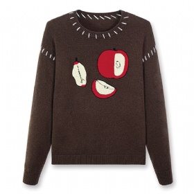Cartoon Apple Embroidery Wool Sweater – Dark Brown · The Artisan Essentials
