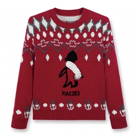Womens Pure Wool Sweater – Angora Red, Fair Isle Pattern, Handcrafted Penguin Motif